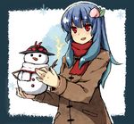 bad_id bad_pixiv_id blue_hair bow coat cosplay electricity food fruit hinanawi_tenshi holding long_hair nagae_iku nagae_iku_(cosplay) no_hat no_headwear open_mouth peach red_eyes scarf snowman solo suzuki_natsume touhou upper_body winter_clothes 
