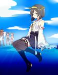  black_hair blue_eyes boots brown_hair detached_sleeves glasses hairband haroko_(haloco) haruna_(kantai_collection) hiei_(kantai_collection) high_heels kantai_collection kirishima_(kantai_collection) kongou_(kantai_collection) long_hair looking_at_viewer multiple_girls no_legwear nontraditional_miko ocean short_hair sitting_on_water skirt smile solo_focus standing standing_on_liquid thigh_boots thighhighs zettai_ryouiki 