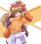  :d bow brown_hair character_name green_eyes hair_bow itsumi1021 long_hair low-tied_long_hair open_mouth orange_shirt pink_bow ponytail scryed shirt shorts smile solo sweater white_shorts yuuta_kanami 