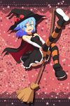  :d alternate_costume ankle_boots blue_eyes blue_hair blush boots broom broom_riding cape cato_(monocatienus) cirno costume dress halloween hat highres leg_up looking_at_viewer no_panties open_mouth smile solo strapless strapless_dress striped striped_legwear thighhighs touhou tsurime witch witch_hat 