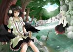  animal_ears bad_id bad_pixiv_id barefoot black_hair black_wings blue_hair brown_eyes camera closed_eyes collared_shirt detached_sleeves eating fish fishing_rod food fruit hat inubashiri_momiji kawashiro_nitori low_wings multiple_girls pom_pom_(clothes) red_hat river sanwa_(koyabu2171) shameimaru_aya shirt shirt_removed short_hair skirt smile soaking_feet tokin_hat touhou two_side_up wading water watermelon wings wolf_ears 