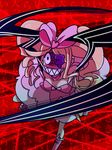  amputee bow crazy_eyes drill_hair eyepatch fukuso_hilbert_kuukan hair_bow harime_nui heart kill_la_kill pink_bow prosthesis sharp_teeth solo spoilers teeth twin_drills 