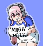  blush breast_grab breast_squeeze breasts clothes_writing grabbing grin headphones large_breasts leaning_forward long_hair looking_at_viewer mega_milk meme_attire nitroplus parody pink_hair raglan_sleeves red_eyes shorts smile solo super_sonico 