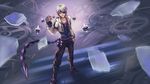  add_(elsword) black_pants boots clenched_hand cropped_jacket elsword eyepatch fingerless_gloves full_body gloves highres knee_boots male_focus pants purple_background redclow shirt smile solo standing time_tracer_(elsword) white_hair 