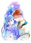  1girl ascot_(rayearth) blue_eyes blue_hair blue_hairband brown_hair capelet couple crescent_moon earrings eye_contact green_eyes hairband half-closed_eyes hetero holding hug iyutani jewelry long_hair looking_at_another magic_knight_rayearth moon no_hat no_headwear older ryuuzaki_umi shawl shirt signature upper_body 