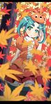  absurdres aqua_hair autumn blurry depth_of_field eyebrows green_eyes hat highres leaf monogatari_(series) nisemonogatari ononoki_yotsugi pointy_ears short_hair striped striped_legwear tarokichi thighhighs twintails 