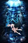  aqua_eyes aqua_hair bad_id bad_pixiv_id barefoot cave dress fish floating_hair hatsune_miku highres iji_(u_mayday) jellyfish long_hair shinkai_shoujo_(vocaloid) solo twintails underwater very_long_hair vocaloid 