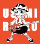  bad_id bad_pixiv_id bow character_name chibi electric_guitar guitar hair_bow hat highres instrument monochrome pozesuke red_background ribbon short_hair skirt smile solo spot_color tie_clip touhou usami_renko 