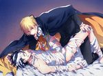  bandages black_hair blonde_hair candy cape fate/zero fate_(series) food gilgamesh halloween lancer_(fate/zero) lollipop male_focus mole mole_under_eye multiple_boys nakagawa_waka spread_legs yaoi 