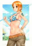  1girl bikini_top breasts brown_eyes cleavage hand_on_hip large_breasts midriff nami nami_(one_piece) navel one_piece orange_hair pochi_(popcooooorn) short_hair skypiea solo staff standing tattoo weapon 