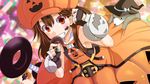  adapted_costume anchor animal blush brown_eyes brown_hair fingerless_gloves flat_chest gloves grin guilty_gear hair_flip halloween hat jack-o'-lantern long_hair may_(guilty_gear) orange_(color) orange_shirt pirate_hat ponkotsu shirt smile solo witch_hat 