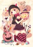  bad_id bad_pixiv_id bat blonde_hair bow candy dress food ghost halloween horns jack-o'-lantern long_hair looking_at_viewer nunucco original panties red_eyes scrunchie smile solo striped striped_legwear thighhighs trick_or_treat twintails underwear white_panties 