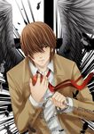  apple black_wings brown_eyes brown_hair chain cuffs death_note feathered_wings feathers food formal fruit hair_over_one_eye handcuffs highres male_focus necktie solo suit upper_body watermark web_address wings yagami_light yoneyu 