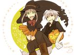  1boy 1girl animal_ears animal_tail bare_legs blonde_hair boots candy candy_cane costume cupcake ghost green_eyes grin halloween happy_halloween hat jack-o&#039;-lantern jack-o'-lantern maka_albarn pumpkin red_eyes short_hair simple_background skirt smile soul_eater soul_eater_evans tail teeth twintails white_background white_hair witch_hat 