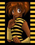  1girl bee_costume black_background black_stripes border brown_eyes brown_hair bumble_bee dark_skin dc_comics karen_beecher shirt sleeveless solo striped striped_background striped_shirt two-tone_stripes v vambraces 