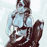  breasts ilya_kuvshinov knife lips long_hair medium_breasts metal_gear_(series) metal_gear_solid_v monochrome navel pantyhose quiet_(metal_gear) solo torn_clothes torn_legwear 