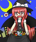  :d bat_wings black_dress blush bow candy checkerboard_cookie chibi chocolate_bar cookie cosplay crescent_moon doughnut dress dress_lift food halloween happy hat hat_bow head_wings heart house kirisame_marisa kirisame_marisa_(cosplay) koakuma lollipop long_hair looking_at_viewer moon night night_sky open_mouth pocky pumpkin red_eyes red_hair short_sleeves skirt_basket sky skycream smile solo spoken_heart star_(sky) starry_sky touhou very_long_hair white_bow wings witch_hat 