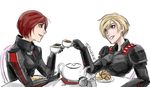  blonde_hair blue_eyes bodysuit commander_shepard commander_shepard_(female) creamer_(vessel) croissant crossover cup food jesscookie mass_effect multiple_girls n7_armor power_armor red_hair saucer short_hair sitting smile table tamora_jean_calhoun tea_party teacup teapot wreck-it_ralph 