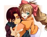  1girl ;d bow brown_hair fingerless_gloves gloves green_eyes hair_bow itsumi1021 kazuma_(scryed) long_hair one_eye_closed open_mouth orange_shirt pink_bow polka_dot polka_dot_background ponytail red_hair scryed shirt smile sweater yellow_eyes yuuta_kanami 