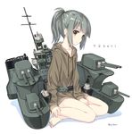  amagai_tarou bangs barefoot brown_eyes character_name full_body grey_hair hood hoodie kantai_collection ponytail short_hair simple_background solo twitter_username yuubari_(kantai_collection) 