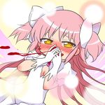  blood bow breasts cleavage dress gloves hair_bow kairakuen_umenoka kaname_madoka long_hair mahou_shoujo_madoka_magica moe_musume nosebleed open_mouth parody pink_eyes pink_hair pixiv small_breasts solo two_side_up ultimate_madoka white_bow white_dress white_gloves yellow_eyes 