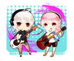  1girl badge breasts chibi company_connection electric_guitar guitar headphones instrument large_breasts long_hair mascot matari naitou-kun nitro+_chiral nitroplus open_mouth pink_hair plectrum red_eyes silver_hair smile super_sonico 