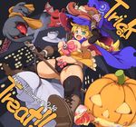  blonde_hair blue_eyes boots braid breasts broom broom_riding cake candy cape cat chocolate fang food gloves halloween hat huge_breasts jack-o'-lantern kawacchi_hirohiro long_hair original panties solo thighhighs underwear witch witch_hat 