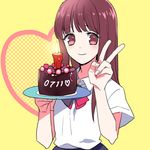  bangs brown_eyes cake food gum_(gmng) happy_birthday heart heart_background long_hair sayono-kun school_uniform seitokaichou_to_sayono-kun v 