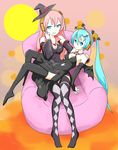  aqua_eyes aqua_hair bat_wings bridal_gauntlets chair detached_sleeves dress easy_chair grin halloween hand_on_another's_shoulder hat hatsune_miku headphones long_hair megurine_luka multiple_girls pink_hair sitting sitting_on_lap sitting_on_person smile thighhighs twintails very_long_hair vocaloid wings witch_hat yuta1147 