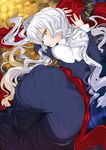  blush caren_hortensia char dress fate/hollow_ataraxia fate/stay_night fate_(series) hat highres long_hair looking_back silver_hair solo yellow_eyes 