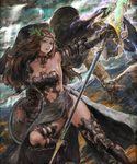  arm_up armor armpits athena_(mythology) bad_id bad_pixiv_id bare_shoulders bird blue_eyes boots breastplate breasts brown_hair cape choker cleavage gauntlets goddess greek_mythology hair_ornament head_wreath iwauchi_tomoki lance large_breasts long_hair mythology open_mouth original owl polearm shield skirt solo thigh_boots thighhighs weapon 