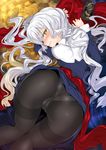  ass black_legwear blush caren_hortensia char clenched_teeth dress dress_lift fate/hollow_ataraxia fate/stay_night fate_(series) hat highres long_hair looking_back panties panties_under_pantyhose pantyhose silver_hair solo sweatdrop tears teeth thighband_pantyhose underwear white_panties yellow_eyes 