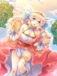  apple blonde_hair blue_eyes breasts cleavage cup day dress food fruit hair_ornament hikabe_sakuho jewelry large_breasts long_hair original shingoku_no_valhalla_gate sky smile solo 