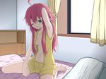  ahoge arm_up armpits bangs barefoot bed breasts curtains dies_irae green_eyes highres indoors long_hair medium_breasts navel no_bra on_bed one_eye_closed open_clothes open_shirt pajamas parted_lips pillow red_hair rusalka_schwagerin shirt shorts sidelocks sitting sleepy solo wariza window 
