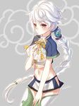  arm_at_side bad_id bad_pixiv_id braid breasts cleavage_cutout cloud_print crop_top from_side green_legwear hair_ornament hand_on_own_chest kantai_collection large_breasts long_hair looking_down midriff miniskirt navel nunucco short_sleeves silver_hair single_braid skirt solo thighhighs unryuu_(kantai_collection) very_long_hair wavy_hair whorled_clouds yellow_eyes zettai_ryouiki 