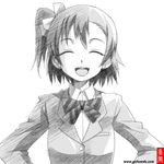  :d bow closed_eyes gofu greyscale hair_bow jacket kousaka_honoka long_sleeves love_live! love_live!_school_idol_project monochrome one_side_up open_mouth otonokizaka_school_uniform ponytail school_uniform short_hair simple_background smile solo spot_color striped striped_bow watermark web_address white_background 