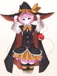  bad_id bad_pixiv_id bow cosplay green_eyes halloween hat hat_bow highres komeiji_satori pink_eyes pink_hair rerrere solo striped striped_legwear thighhighs third_eye touhou witch witch_hat 