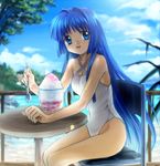  bangs blue_eyes blue_hair blurry breasts casual_one-piece_swimsuit chair cleavage cloud day depth_of_field feet_out_of_frame hair_intakes halterneck highres holding holding_spoon kanon lens_flare long_hair looking_at_viewer medium_breasts minase_nayuki mutsuki_(moonknives) ocean one-piece_swimsuit outdoors railing shaved_ice sidelocks sitting sky smile solo spoon swimsuit table tree very_long_hair water 