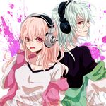  1girl blush breasts company_connection csket hand_on_headphones headphones large_breasts long_hair looking_at_viewer looking_back mascot naitou-kun nitro+_chiral nitroplus off_shoulder open_mouth pink_eyes pink_hair red_eyes silver_hair smile super_sonico wavy_mouth 