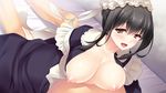  1girl ane_yome_quartet areoale ayase_hazuki bed black_hair blush breast_press breasts breasts_outside brown_eyes clothed_female_nude_male game_cg girl_on_top hair_bun hanabishi_saori highres hisashi_(nekoman) large_breasts looking_back lying maid nipples no_bra open_mouth sex sitting sitting_on_person solo_focus tears vaginal 