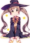  7zu7 brown_eyes brown_hair hakozaki_serika halloween hat idolmaster idolmaster_million_live! long_hair looking_at_viewer sitting solo star twintails very_long_hair witch_hat 