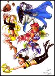  4girls alien bee_costume black_hair blonde_hair blue_eyes boots brown_eyes bumble_bee cape cartoon_network cloak dark_skin dc_comics double_bun flying forehead_jewel gloves glowing glowing_eyes goggles goggles_on_head green_eyes high_heels hood insect_wings karen_beecher leotard long_hair long_sleeves midriff multiple_girls pants purple_hair raven_(dc) red_hair rock shirt short_hair shorts sleeveless solid_eyes starfire striped striped_shirt teen_titans terra_(dc) thigh_boots thighhighs vambraces wings 