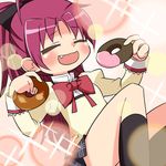  black_legwear doughnut fang food kairakuen_umenoka long_hair mahou_shoujo_madoka_magica moe_musume open_mouth parody pixiv ponytail red_hair sakura_kyouko school_uniform smile solo 