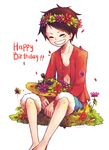  1boy birthday denim denim_shorts eyes_closed flower hat headwear_removed long_sleeves male male_focus mino_cat monkey_d_luffy one_piece open_clothes open_shirt red_shirt scar shirt shorts sitting smile solo straw_hat 