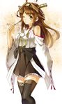  black_legwear brown_eyes brown_hair frilled_skirt frills hairband kantai_collection kongou_(kantai_collection) long_hair nontraditional_miko o3o omi_(tyx77pb_r2) one_eye_closed ribbon-trimmed_sleeves ribbon_trim skirt solo thighhighs zettai_ryouiki 