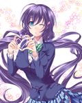  aqua_eyes blazer breasts heart heart_hands jacket large_breasts long_hair looking_at_viewer love_live! love_live!_school_idol_project one_eye_closed otonokizaka_school_uniform purple_hair school_uniform solo toujou_nozomi twintails very_long_hair yue_(pixiv2547) 