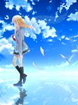  black_legwear blazer blonde_hair closed_eyes cloud day feathers flying_paper grey_skirt jacket kneehighs long_hair miyazono_kawori necktie paper pleated_skirt reflection salt_flats school_uniform shigatsu_wa_kimi_no_uso skirt sky solo walking water wings yuiri_(blackmn) 