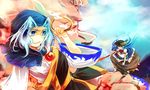  2girls blue_eyes blue_hair bow cloud food fruit hat hinanawi_tenshi hood jewelry keystone kumoi_ichirin kutsuki_kai long_hair multiple_girls open_mouth peach pendant red_eyes ring short_hair smile sword_of_hisou touhou unzan 