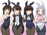  animal_ears bangs bare_shoulders black_hair blunt_bangs blush bow bowtie brown_eyes brown_hair bunny_ears bunny_tail bunnysuit dd_(ijigendd) detached_collar fishnet_pantyhose fishnets fubuki_(kantai_collection) hair_ribbon hatsuyuki_(kantai_collection) kantai_collection long_hair multiple_girls murakumo_(kantai_collection) odd_one_out one-piece_swimsuit open_mouth pantyhose pantyhose_under_swimsuit ponytail ribbon school_swimsuit shirayuki_(kantai_collection) short_hair silver_hair swimsuit tail tuxedo_jacket twintails wrist_cuffs yellow_eyes 