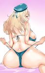  ass atago_(kantai_collection) bare_shoulders barefoot bed bikini blonde_hair breasts from_behind hat highres huge_breasts igarasy kantai_collection light_smile long_hair looking_at_viewer looking_back sideboob sitting solo swimsuit wariza 